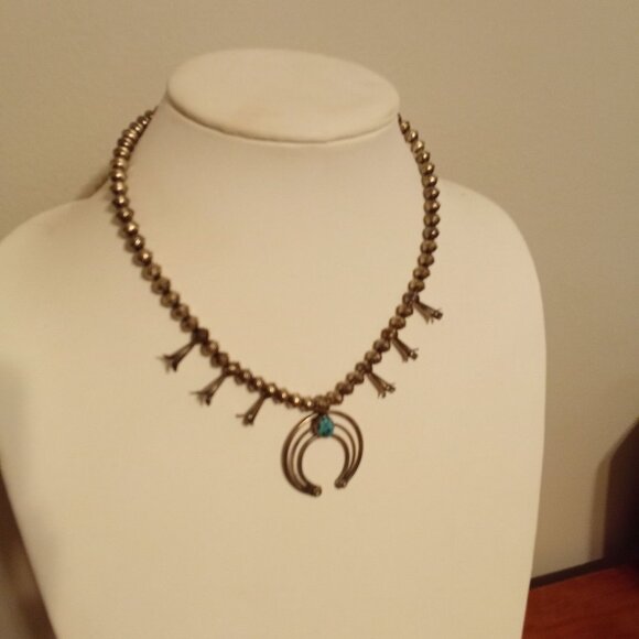 Sterling Silver Squash Blossom Necklace & Matching Earrings Set With Turquoise - Picture 2 of 4